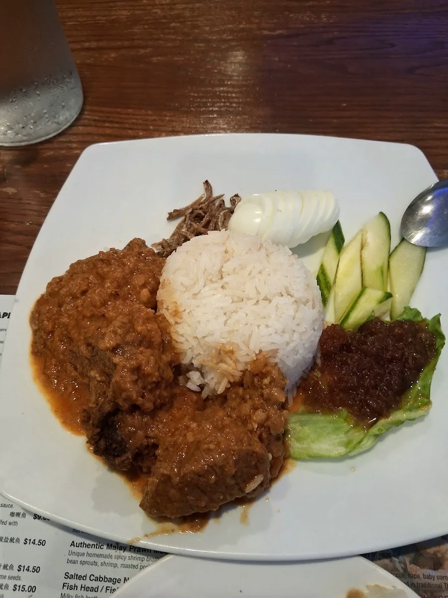 Nasi lemak with beef, rice, egg and cucumber at Malay Morristown